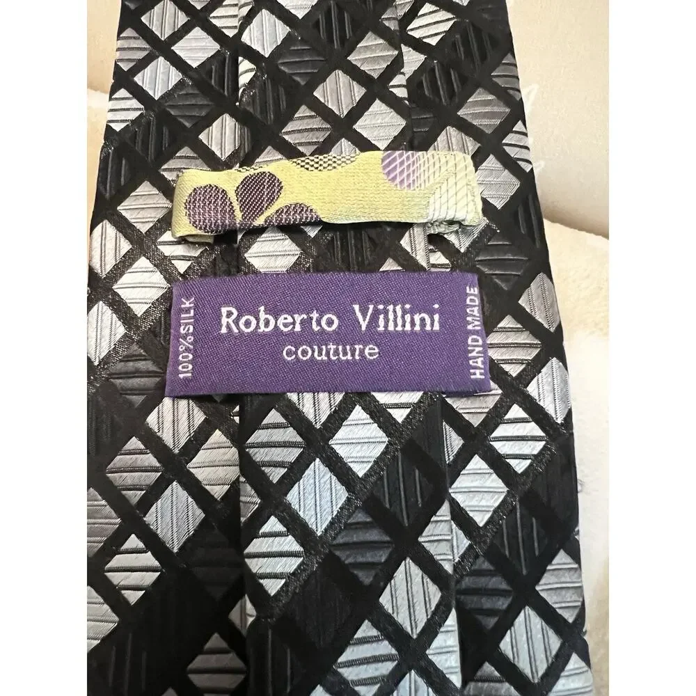 Roberto Villini Silk Black Gray Geometric Designer Men's Tie Logo Accent